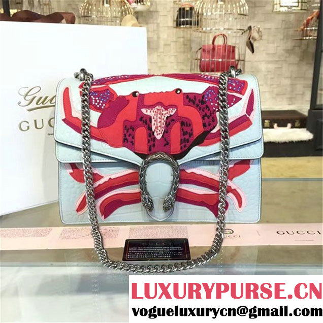 Gucci Dionysus Crab Embroidered Crocodile Canvas Shoulder Large Bag Fall Winter 2016 Collection Light Blue