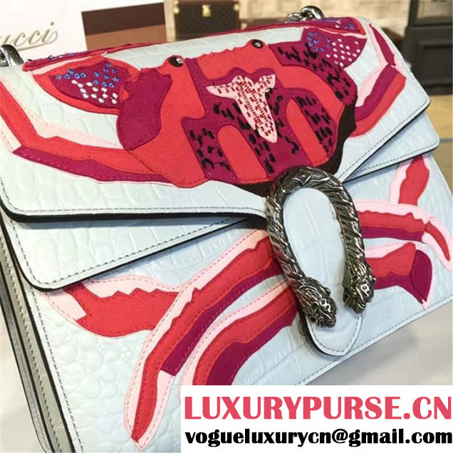 Gucci Dionysus Crab Embroidered Crocodile Canvas Shoulder Large Bag Fall Winter 2016 Collection Light Blue