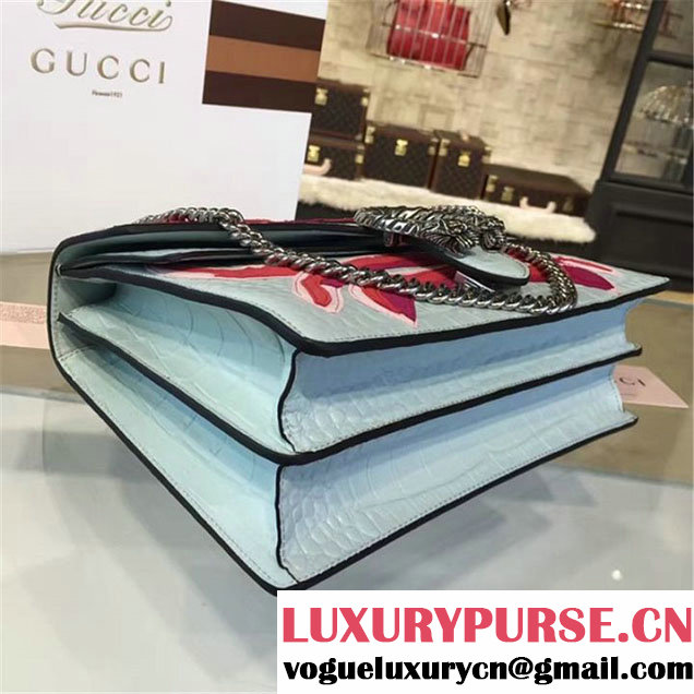 Gucci Dionysus Crab Embroidered Crocodile Canvas Shoulder Large Bag Fall Winter 2016 Collection Light Blue