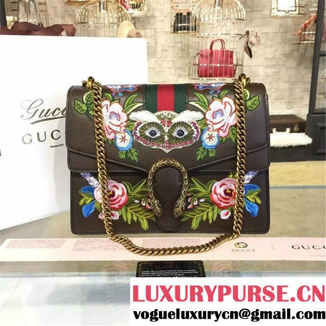 Gucci Dionysus GG Supreme Owl-Embroidered Canvas Shoulder Large Bag Fall Winter 2016 Collection Brown Multi