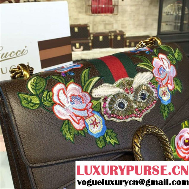 Gucci Dionysus GG Supreme Owl-Embroidered Canvas Shoulder Large Bag Fall Winter 2016 Collection Brown Multi