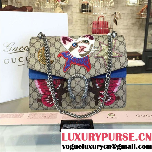 Gucci Dionysus GG Supreme Cat L'aveugie Par Amour Embroidery Canvas Shoulder Medium Bag Fall Winter 2016 Collection Beige Blue Suede