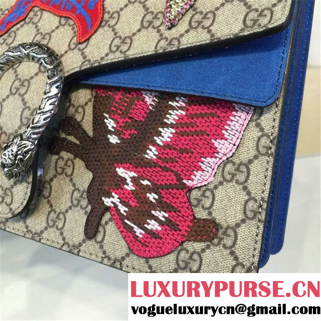 Gucci Dionysus GG Supreme Cat L'aveugie Par Amour Embroidery Canvas Shoulder Medium Bag Fall Winter 2016 Collection Beige Blue Suede