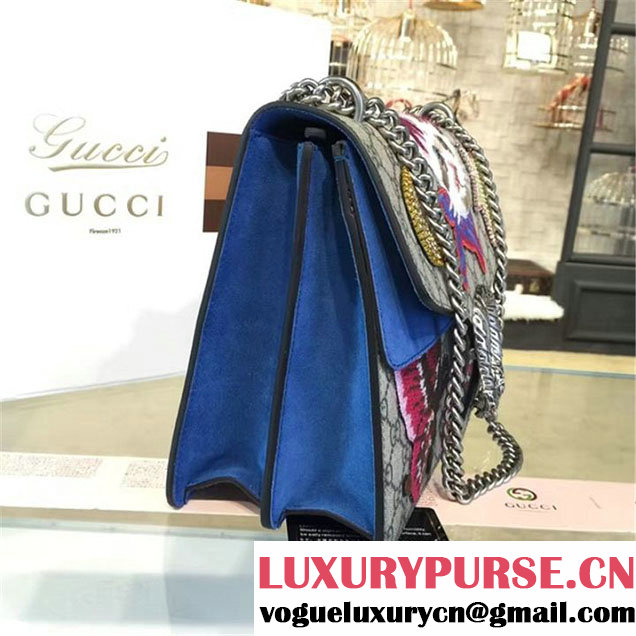 Gucci Dionysus GG Supreme Cat L'aveugie Par Amour Embroidery Canvas Shoulder Medium Bag Fall Winter 2016 Collection Beige Blue Suede