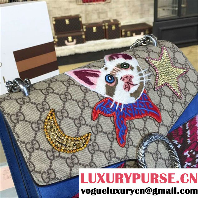 Gucci Dionysus GG Supreme Cat L'aveugie Par Amour Embroidery Canvas Shoulder Medium Bag Fall Winter 2016 Collection Beige Blue Suede
