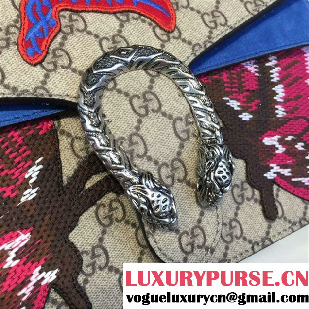 Gucci Dionysus GG Supreme Cat L'aveugie Par Amour Embroidery Canvas Shoulder Medium Bag Fall Winter 2016 Collection Beige Blue Suede