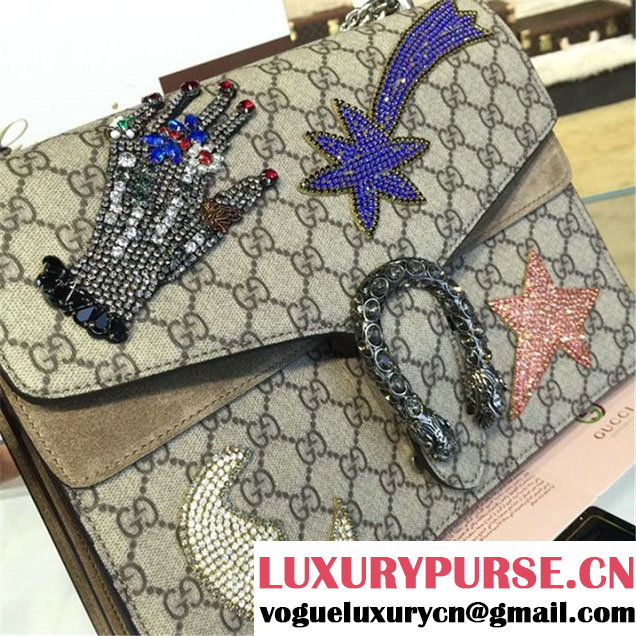 Gucci Dionysus GG Supreme Hand Shooting Star Embroidery Canvas Shoulder Large Bag with Sequin Appliqué Fall Winter 2016 Collection Beige