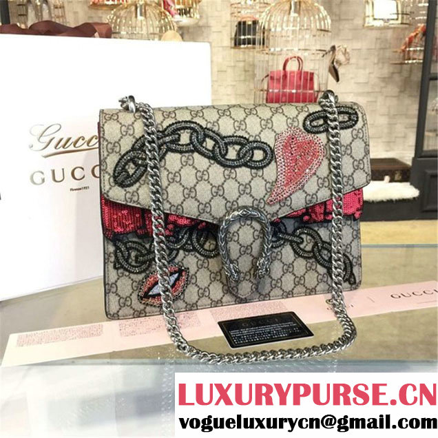 Gucci Dionysus GG Supreme Chain Heart Embroidery Canvas Shoulder Medium Bag Sequin Appliqué Fall Winter 2016 Collection Beige Red