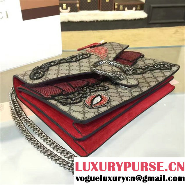 Gucci Dionysus GG Supreme Chain Heart Embroidery Canvas Shoulder Medium Bag Sequin Appliqué Fall Winter 2016 Collection Beige Red