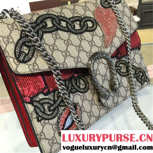 Gucci Dionysus GG Supreme Chain Heart Embroidery Canvas Shoulder Medium Bag Sequin Appliqué Fall Winter 2016 Collection Beige Red