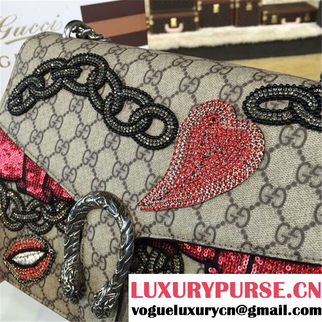 Gucci Dionysus GG Supreme Chain Heart Embroidery Canvas Shoulder Medium Bag Sequin Appliqué Fall Winter 2016 Collection Beige Red