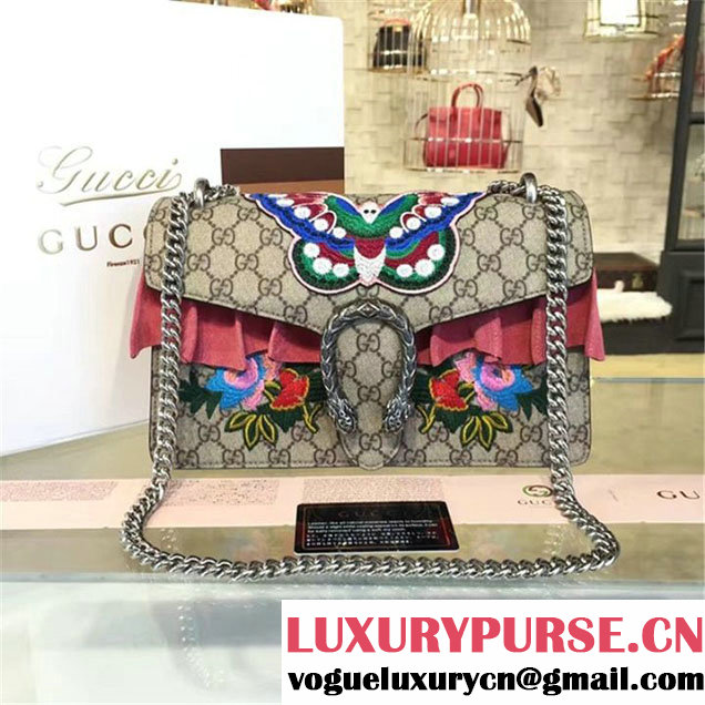 Gucci Dionysus GG Supreme Butterfly Flower Embroidery Canvas Shoulder Medium Bag Sequin Appliqué Fall Winter 2016 Collection Beige