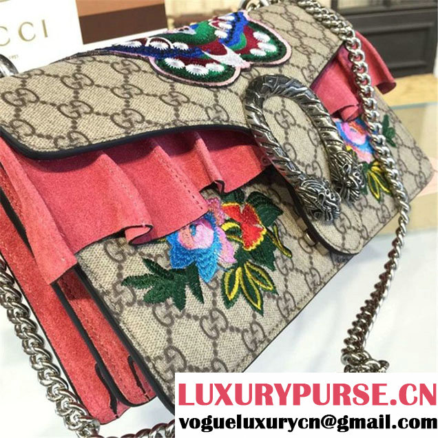 Gucci Dionysus GG Supreme Butterfly Flower Embroidery Canvas Shoulder Medium Bag Sequin Appliqué Fall Winter 2016 Collection Beige