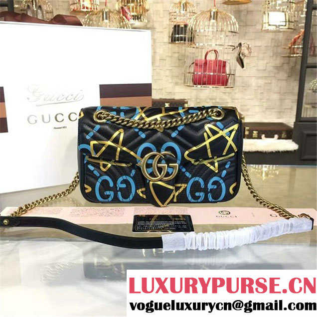 Gucci Ghost GG Marmont Matelassé Leather Medium Shoulder Bag Fall Winter 2016 Collection Black Yellow Blue