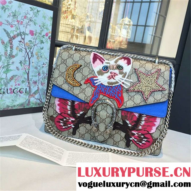 Gucci Dionysus GG Supreme Canvas Shoulder Medium Bag Embroidered Cat Star and Butterflies Bag Fall Winter 2016 Collection Blue Suede Beige