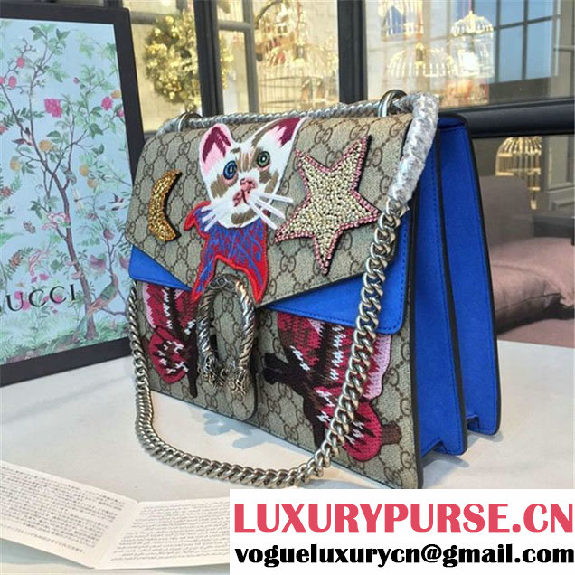 Gucci Dionysus GG Supreme Canvas Shoulder Medium Bag Embroidered Cat Star and Butterflies Bag Fall Winter 2016 Collection Blue Suede Beige