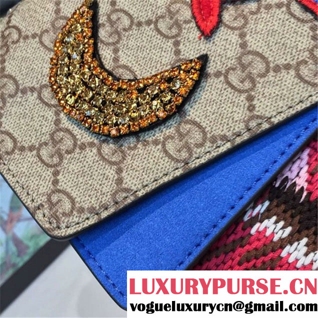 Gucci Dionysus GG Supreme Canvas Shoulder Medium Bag Embroidered Cat Star and Butterflies Bag Fall Winter 2016 Collection Blue Suede Beige