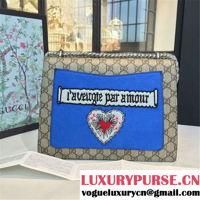 Gucci Dionysus GG Supreme Canvas Shoulder Medium Bag Embroidered Cat Star and Butterflies Bag Fall Winter 2016 Collection Blue Suede Beige