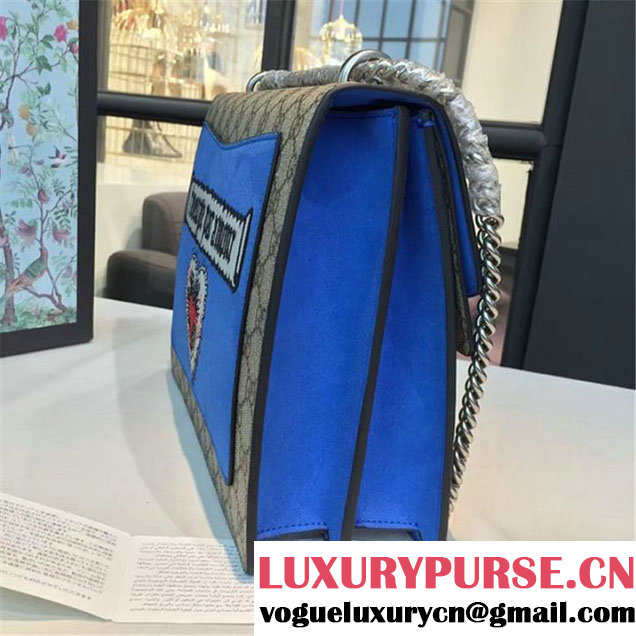 Gucci Dionysus GG Supreme Canvas Shoulder Medium Bag Embroidered Cat Star and Butterflies Bag Fall Winter 2016 Collection Blue Suede Beige