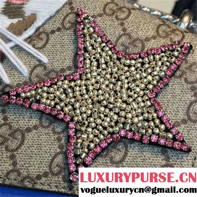 Gucci Dionysus GG Supreme Canvas Shoulder Medium Bag Embroidered Cat Star and Butterflies Bag Fall Winter 2016 Collection Blue Suede Beige