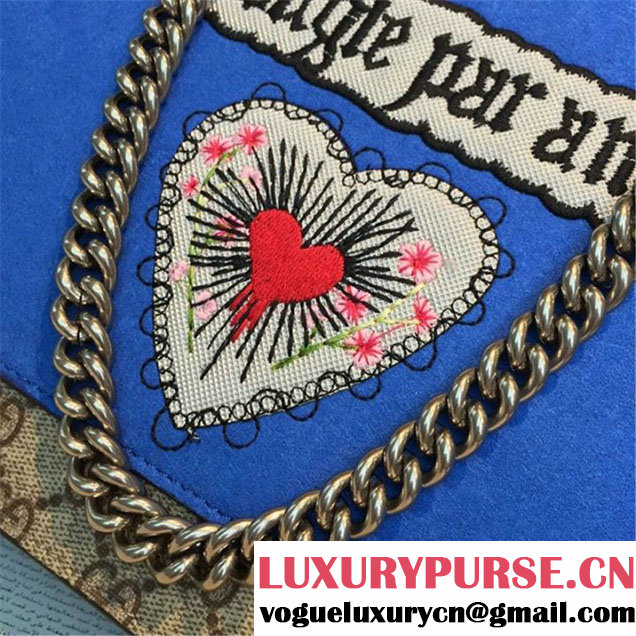 Gucci Dionysus GG Supreme Canvas Shoulder Medium Bag Embroidered Cat Star and Butterflies Bag Fall Winter 2016 Collection Blue Suede Beige