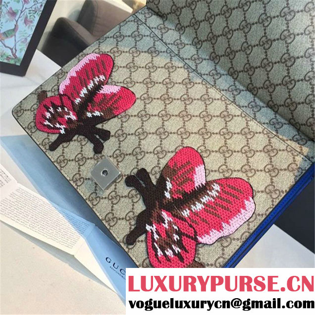 Gucci Dionysus GG Supreme Canvas Shoulder Medium Bag Embroidered Cat Star and Butterflies Bag Fall Winter 2016 Collection Blue Suede Beige