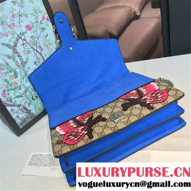 Gucci Dionysus GG Supreme Canvas Shoulder Medium Bag Embroidered Cat Star and Butterflies Bag Fall Winter 2016 Collection Blue Suede Beige