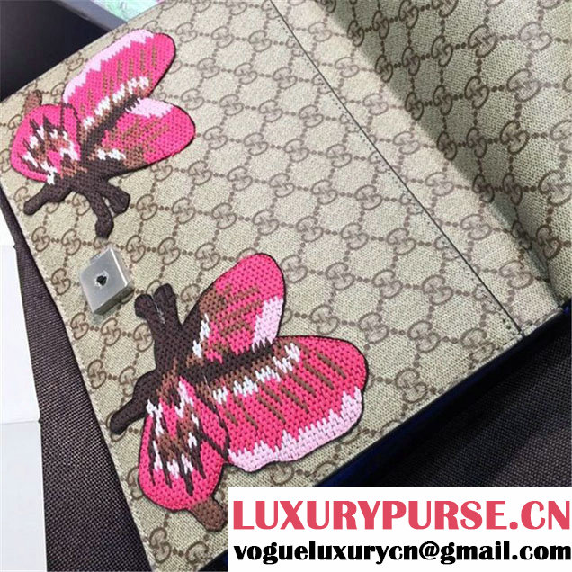Gucci Dionysus GG Supreme Canvas Shoulder Medium Bag Embroidered Cat Star and Butterflies Bag Fall Winter 2016 Collection Blue Suede Beige