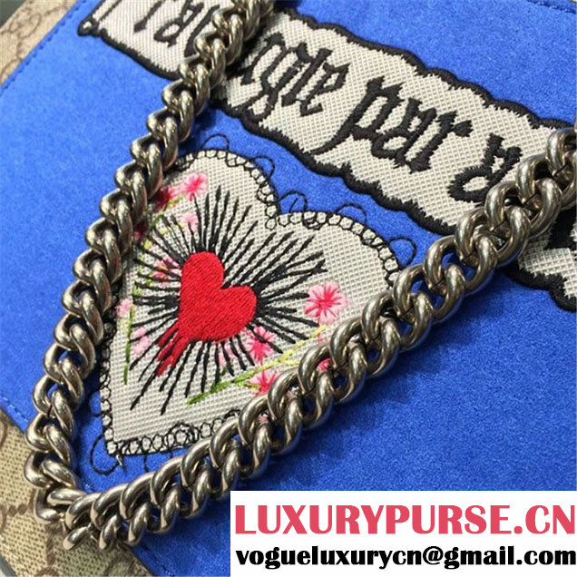 Gucci Dionysus GG Supreme Canvas Shoulder Medium Bag Embroidered Cat Star and Butterflies Bag Fall Winter 2016 Collection Blue Suede Beige