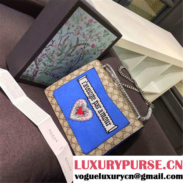 Gucci Dionysus GG Supreme Canvas Shoulder Medium Bag Embroidered Cat Star and Butterflies Bag Fall Winter 2016 Collection Blue Suede Beige