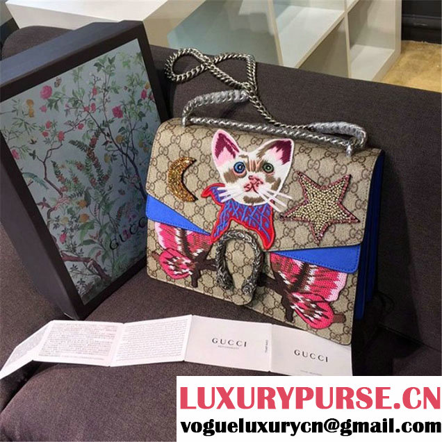 Gucci Dionysus GG Supreme Canvas Shoulder Medium Bag Embroidered Cat Star and Butterflies Bag Fall Winter 2016 Collection Blue Suede Beige