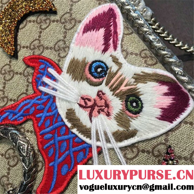 Gucci Dionysus GG Supreme Canvas Shoulder Medium Bag Embroidered Cat Star and Butterflies Bag Fall Winter 2016 Collection Blue Suede Beige