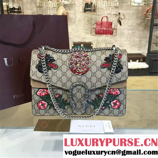 Gucci Dionysus GG Supreme Pineapple Flower Embroidery Canvas Shoulder Medium Bag Sequin Appliqué Fall Winter 2016 Collection Beige