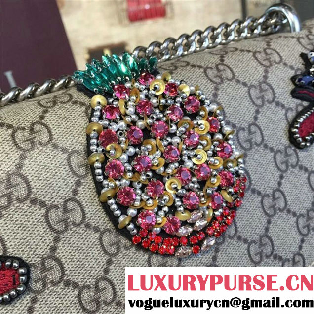 Gucci Dionysus GG Supreme Pineapple Flower Embroidery Canvas Shoulder Medium Bag Sequin Appliqué Fall Winter 2016 Collection Beige