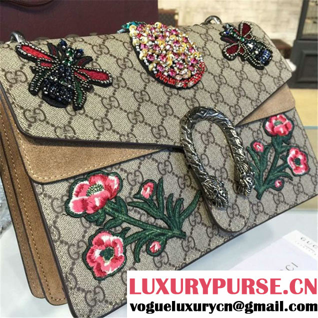 Gucci Dionysus GG Supreme Pineapple Flower Embroidery Canvas Shoulder Medium Bag Sequin Appliqué Fall Winter 2016 Collection Beige