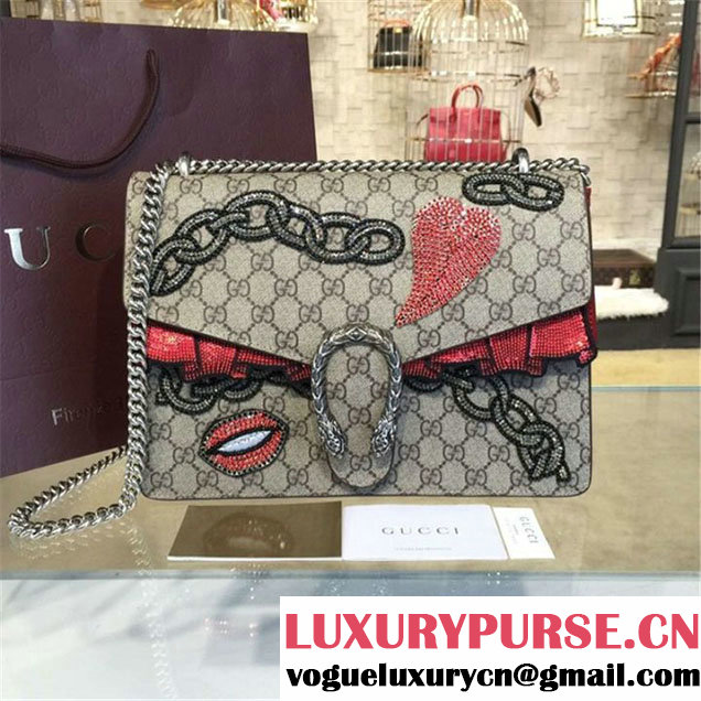 Gucci Dionysus GG Supreme Chain Heart Embroidery Canvas Shoulder Medium Bag Sequin Appliqué Fall Winter 2016 Collection Beige Red