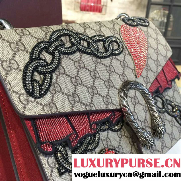 Gucci Dionysus GG Supreme Chain Heart Embroidery Canvas Shoulder Medium Bag Sequin Appliqué Fall Winter 2016 Collection Beige Red