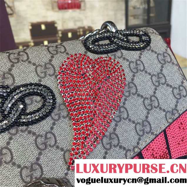 Gucci Dionysus GG Supreme Chain Heart Embroidery Canvas Shoulder Medium Bag Sequin Appliqué Fall Winter 2016 Collection Beige Red