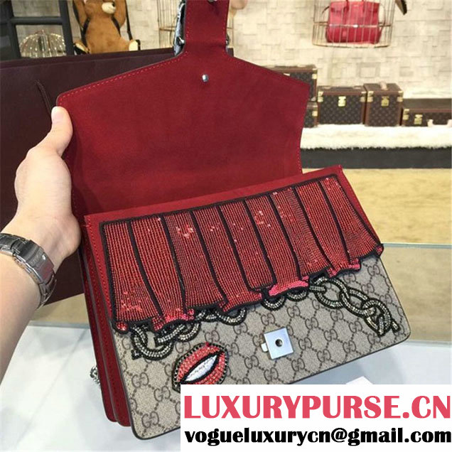 Gucci Dionysus GG Supreme Chain Heart Embroidery Canvas Shoulder Medium Bag Sequin Appliqué Fall Winter 2016 Collection Beige Red