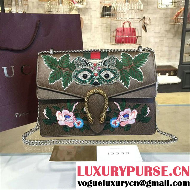 Gucci Dionysus GG Supreme Owl-Embroidered Canvas Shoulder Large Bag Fall Winter 2016 Collection Brown Multi