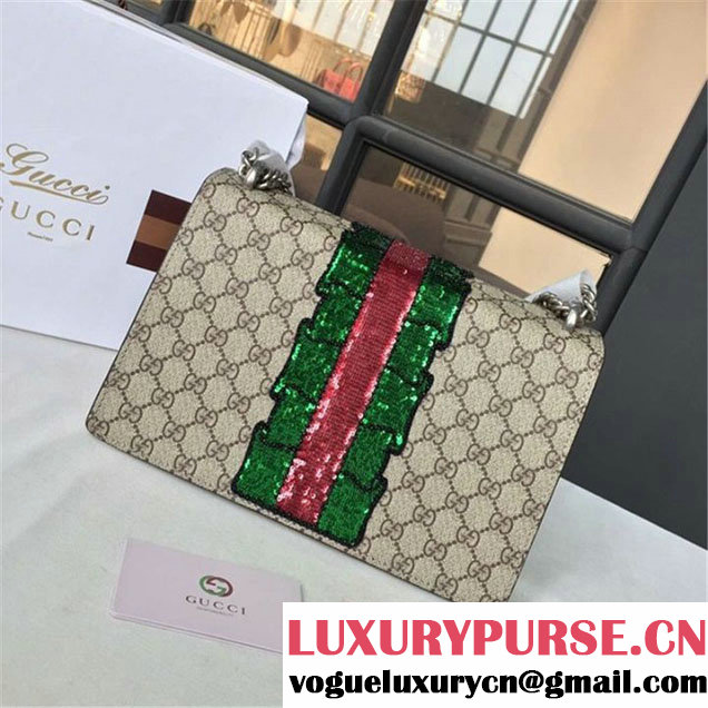 Gucci Dionysus GG Supreme Lightning Bolt Lips Embroidery Canvas Shoulder Medium Bag Sequin Appliqué Fall Winter 2016 Collection Beige