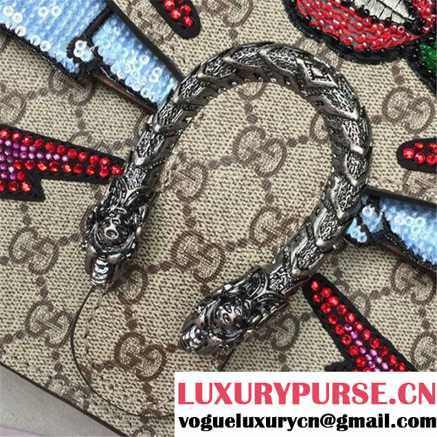 Gucci Dionysus GG Supreme Lightning Bolt Lips Embroidery Canvas Shoulder Medium Bag Sequin Appliqué Fall Winter 2016 Collection Beige