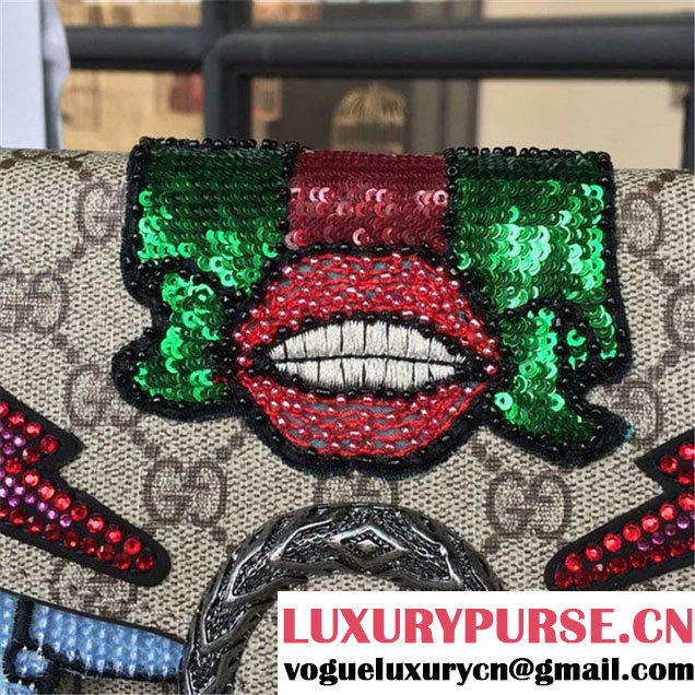 Gucci Dionysus GG Supreme Lightning Bolt Lips Embroidery Canvas Shoulder Medium Bag Sequin Appliqué Fall Winter 2016 Collection Beige