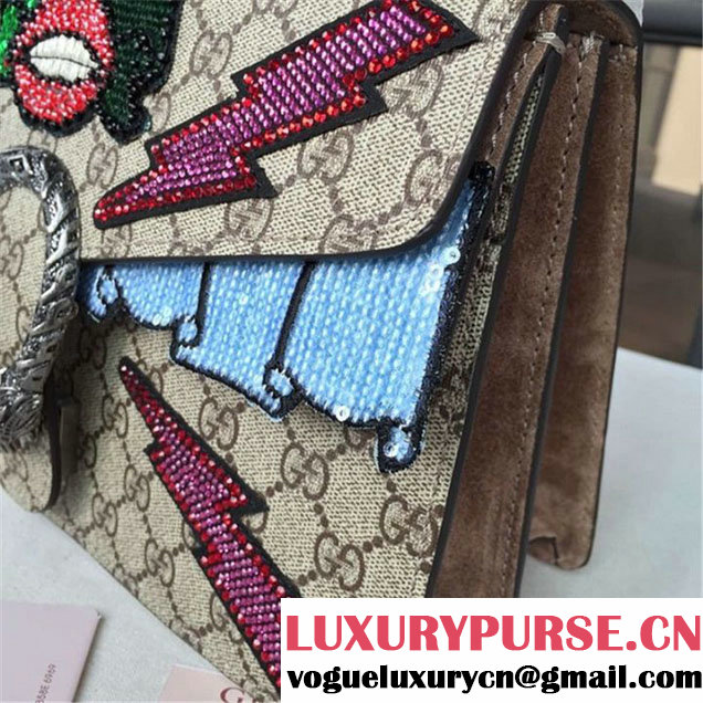 Gucci Dionysus GG Supreme Lightning Bolt Lips Embroidery Canvas Shoulder Medium Bag Sequin Appliqué Fall Winter 2016 Collection Beige