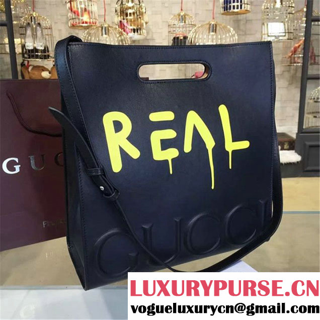 Gucci "Real" XL Leather Tote Bag Calfskin Leather Fall Winter 2016 Collection Black Yellow