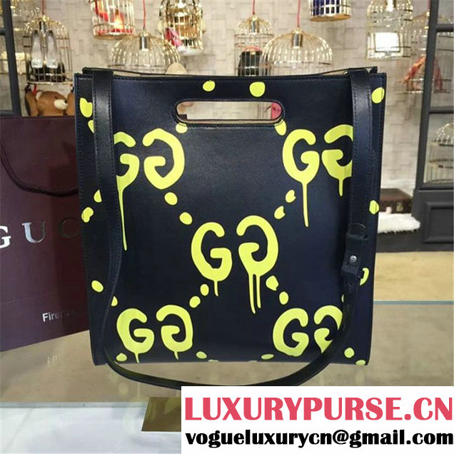 Gucci "Real" XL Leather Tote Bag Calfskin Leather Fall Winter 2016 Collection Black Yellow