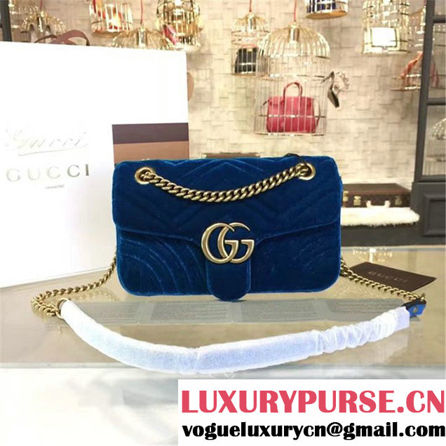 Gucci Velvet Marmont Matelassé Medium Shoulder Bag Original Leather Fall Winter 2016 Collection Teal Blue