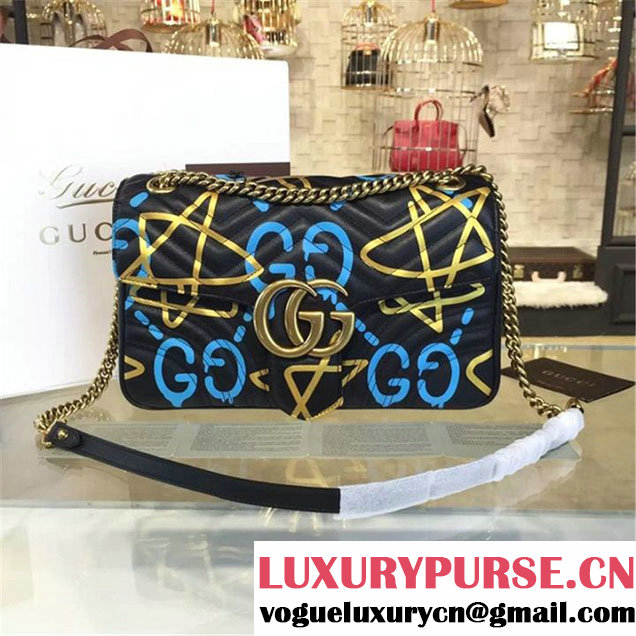 Gucci x GucciGhost Graffiti Print Alessandro Michele Marmont Matelassé Large Shoulder Bag Fall Winter 2016 Collection Black Blue Gold