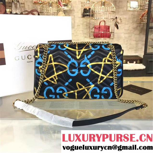 Gucci x GucciGhost Graffiti Print Alessandro Michele Marmont Matelassé Large Shoulder Bag Fall Winter 2016 Collection Black Blue Gold