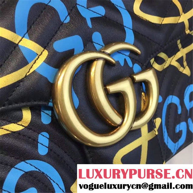 Gucci x GucciGhost Graffiti Print Alessandro Michele Marmont Matelassé Large Shoulder Bag Fall Winter 2016 Collection Black Blue Gold